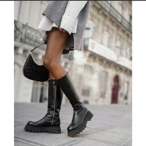 Zara Leather Tall Boots Chunky Lug Sole 9 40
